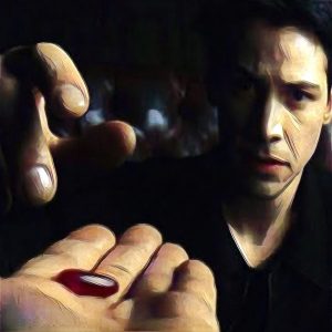 Neo elige la píldora roja en Matrix