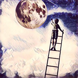Alcanzar objetivos, niño subido en escalera para tocar la luna
